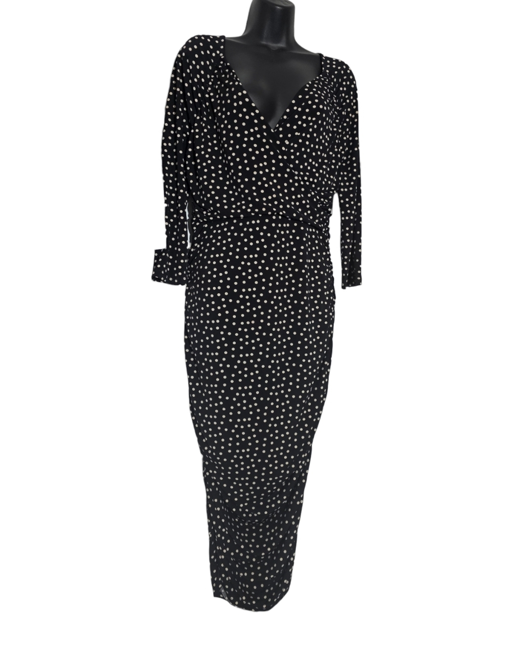 Leota Black Cream Polka Dot Wrap-Style Midi Dress Large Chest 19"